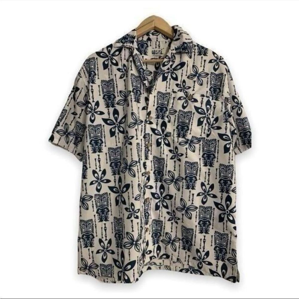 Uzzi Amphibious‎ Gear Shirt Mens M Tiki Blue White Hawaiian Shirt Blue White